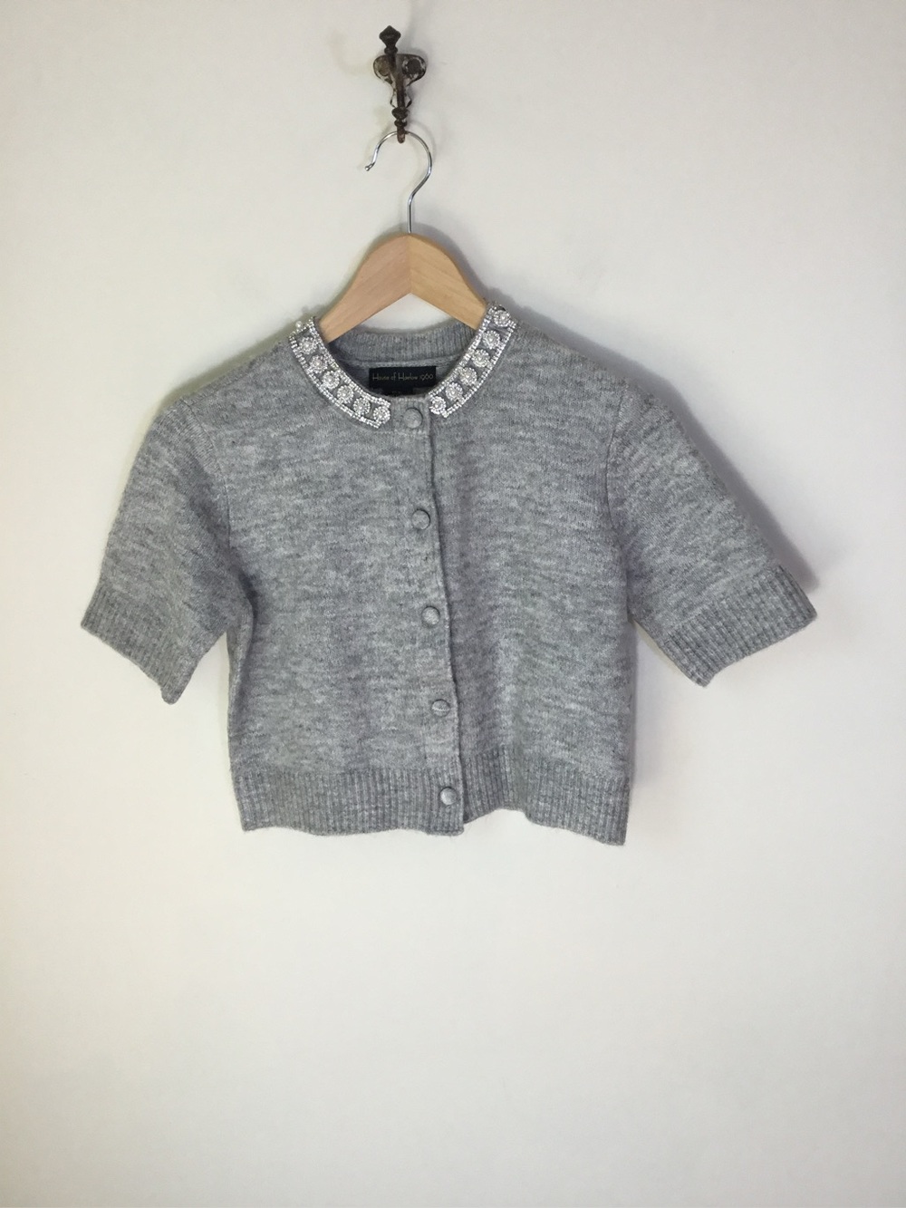 House of Harlow Cropped Gray Button Down Jeweled Collar Short Sleeve Sweater